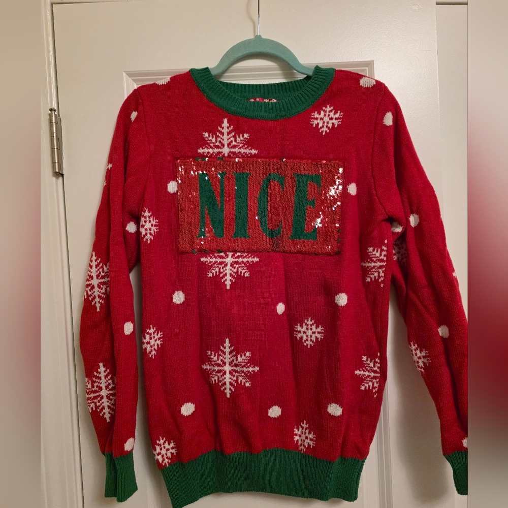 To Be Jolly Nice Naughty Sequin Christmas Sweater with Snowflakes Size M